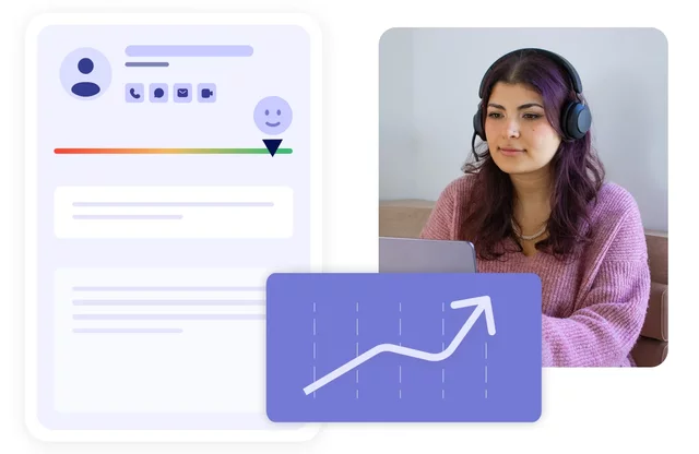 eine call center agentin rechts, arbeitet am laptop, um sie herum verschiedene call center icons und eine grafik die verbesserte effizienz darstellt