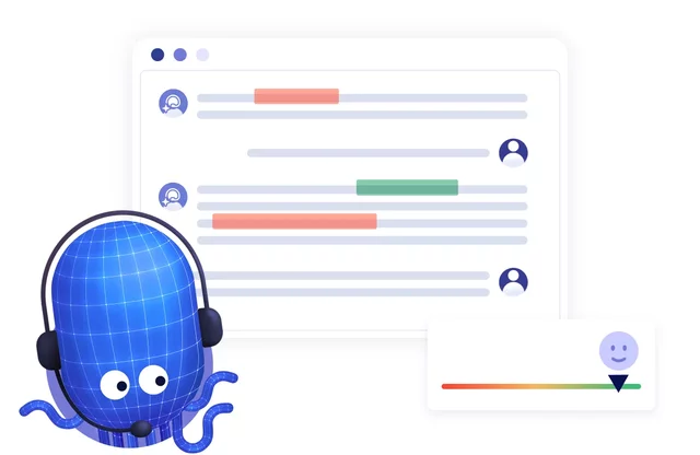 der diabolocom oktopus links unten in der ecke zeigt auf eine infografik, welches die KI-funktionen visualisiert