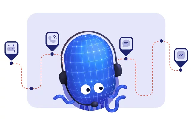 der diabolocom oktopus liegt zentral im bild, und durch ihn läuft ein faden mit verschiedenen call center icons