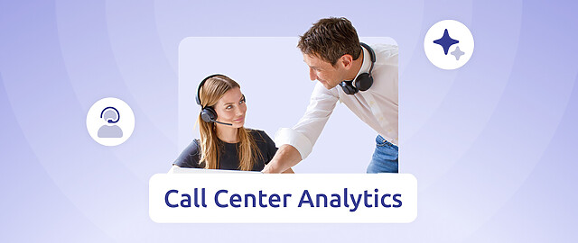 eine call center agentin wird von einem leiter geschult, davor die aufschrift "call center analytics"