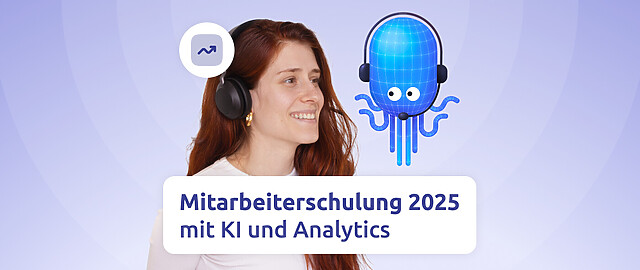 eine lächelnde call center agentin neben dem diabolocom maskottchen, über der Bildaufschrift "mitarbeiterschulung 2026 mit KI und Analytics"