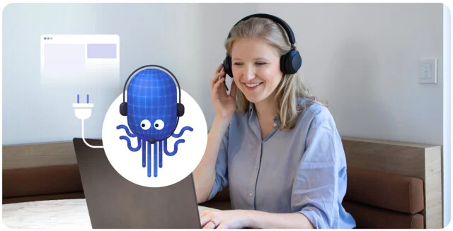Call Center Agent am Telefon mit Verbindung mit Diabolocoms Oktopus Maskottchen