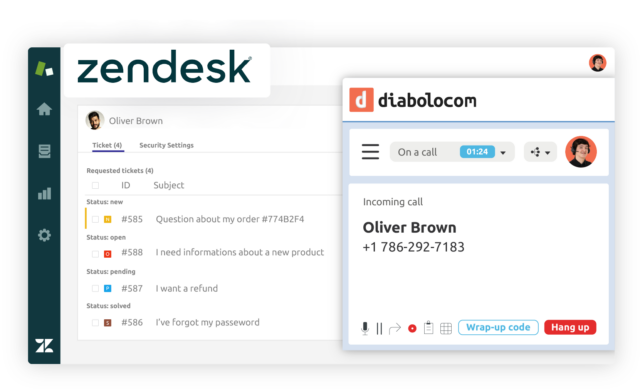 Zendesk Ticketing System Oberfläche mit integrierter Call Widget von Diabolocom