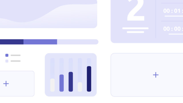Eine stilisierte Dashboard-Oberfläche mit verschiedenen UI-Elementen wie Diagrammen, Leistungsbalken und Zeitindikatoren.