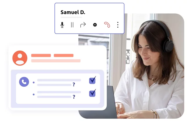 eine agentin lächelt und trägt ein headset. neben ihr, call center relevante icons und grafiken