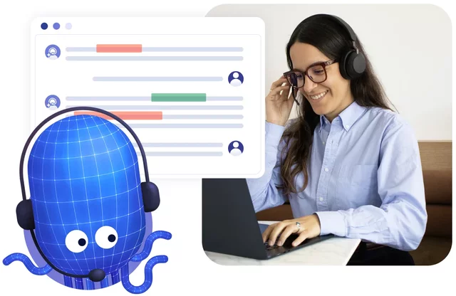 lächelnde agentin mit call center icons und einer grafik