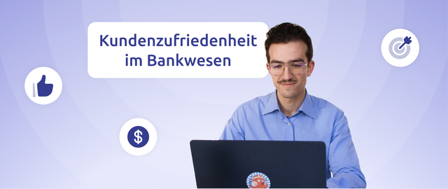 ein call center agent arbeitet am laptop und lächeln, links neben ihm die aufschrift "kundenzufriedenheit im Bankwesen", dazu icons die zum Thema des Artikels relevant sind.