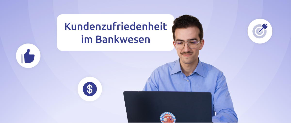 ein call center agent arbeitet am laptop und lächeln, links neben ihm die aufschrift "kundenzufriedenheit im Bankwesen", dazu icons die zum Thema des Artikels relevant sind.