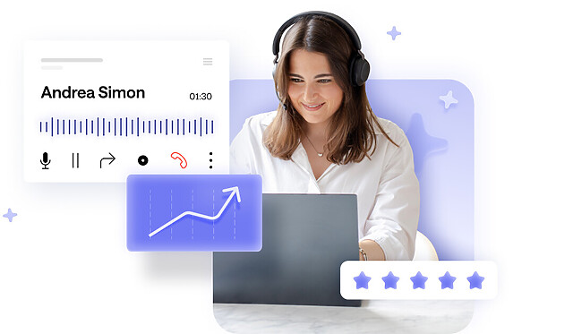 Agentin mit Headset nutzt einen Laptop, während Anrufaufzeichnung, Transkription, Analyse-Dashboard und Kundenbewertung angezeigt werden – Darstellung einer modernen KI-gestützten Contact-Center Software.