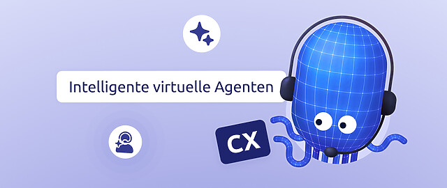 Grafik des Diabolocom Oktopus, mit verschiedenen Icons und der Aufschrift "Intelligente virtuelle Agenten"