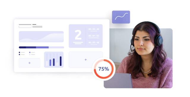 Support-Agentin mit lila Haaren und Headset am Laptop; daneben ein Dashboard mit Leistungsstatistiken und einem Fortschrittskreis von 75 %