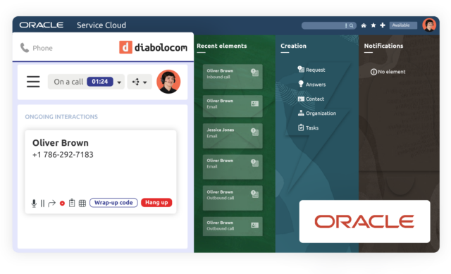 Die Diabolocom-Agentenleiste ist dank der Oracle Service Cloud CTI-Integration in Ihrer Benutzeroberfläche verfügbar.