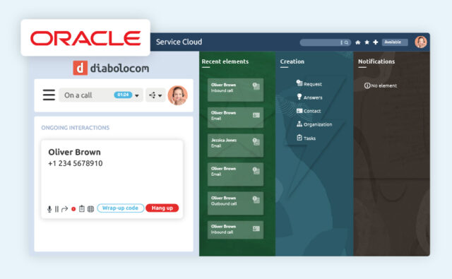 Die Diabolocom-Agentenleiste ist dank der Oracle Service Cloud CTI-Integration in Ihrer Benutzeroberfläche verfügbar.