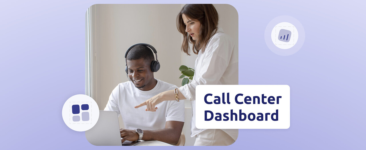 Call Center Agent mit einem Supervisor und der Aufschrift "Call Center Dashboard".